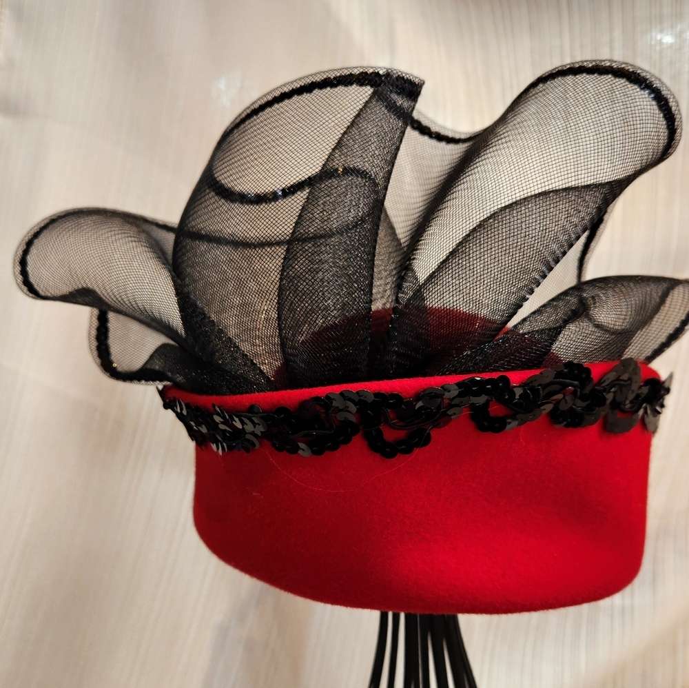 Red Felted Wool Hat with Black Sequin Trim and Black Netting - Picture 5 of 7